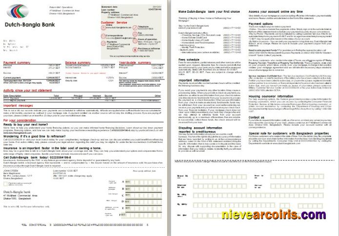 Bangladesh Dutch-Bangla bank mortgage statement, 2 pages, 1-2